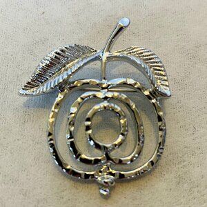 Vintage Sarah Pin Brooch Apple Leaf Textured Open Work Silver Tone Metal Signed